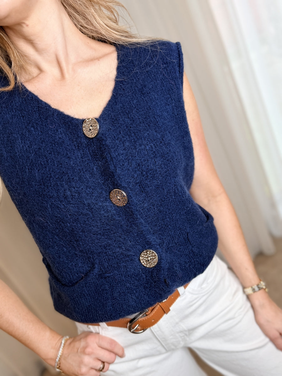 KENDRA TU GILET BLAUW MET DETAIL KNOPEN