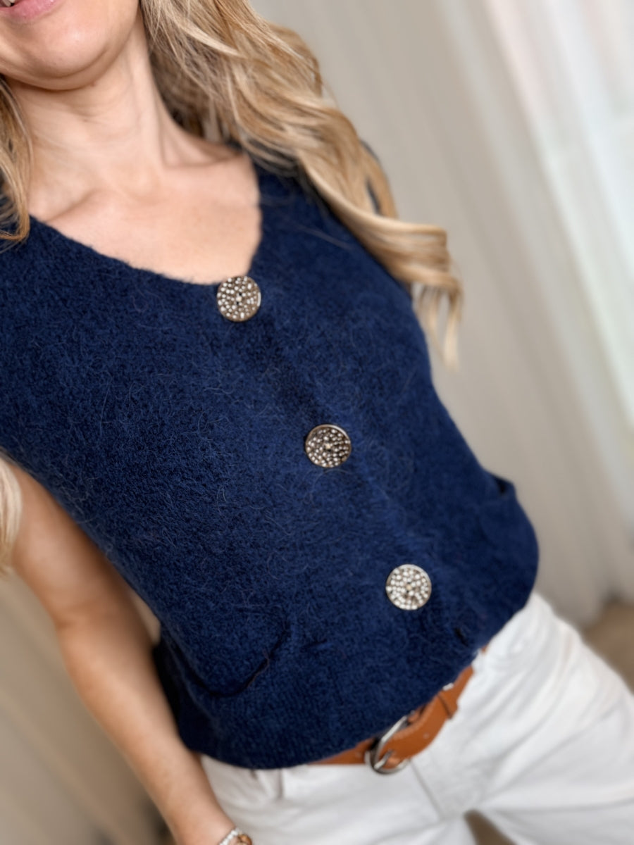 KENDRA TU GILET BLAUW MET DETAIL KNOPEN