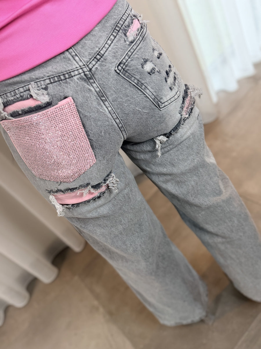 MAYSA JEANS GRIJS MET STRASS ZAK