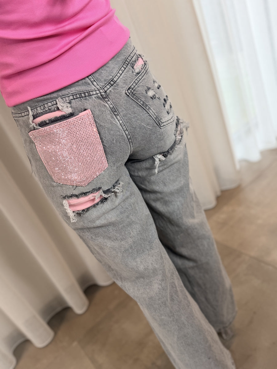 MAYSA JEANS GRIJS MET STRASS ZAK