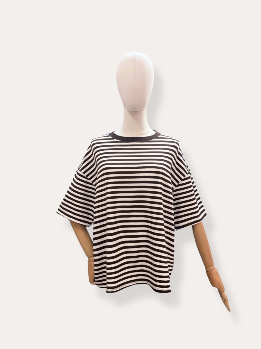 OVO TU T-SHIRT MET STREPEN WIT/BRUIN