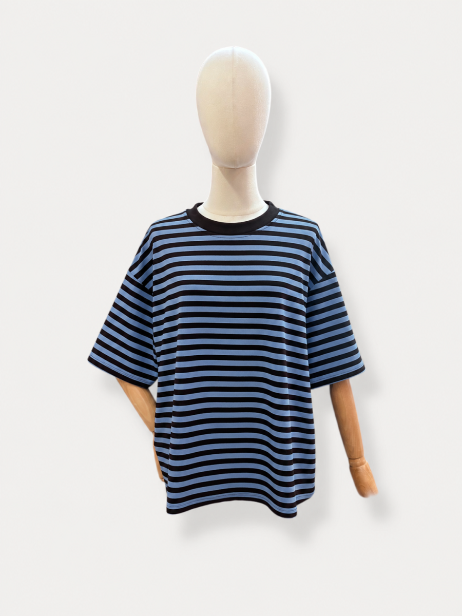 OVO TU T-SHIRT MET STREPEN BLAUW/BRUIN