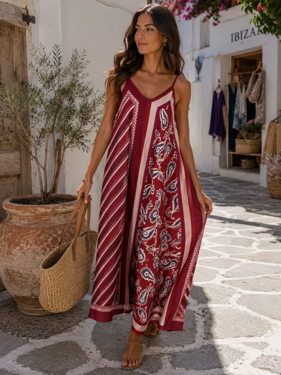 SAFA TU MAXI JURK MET SJAALPRINT BURGUNDY