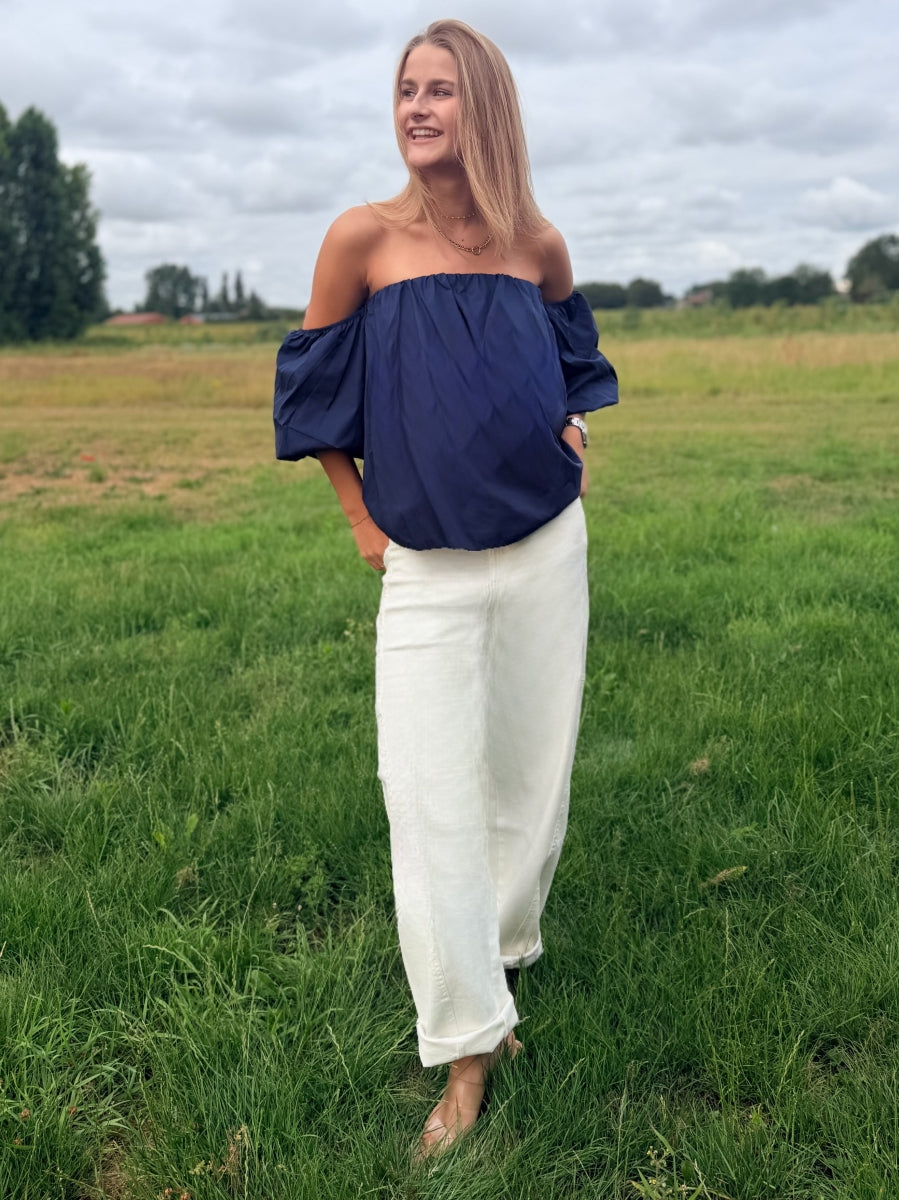 OFF SHOULDER BLOES LEMONIE DONKERBLAUW