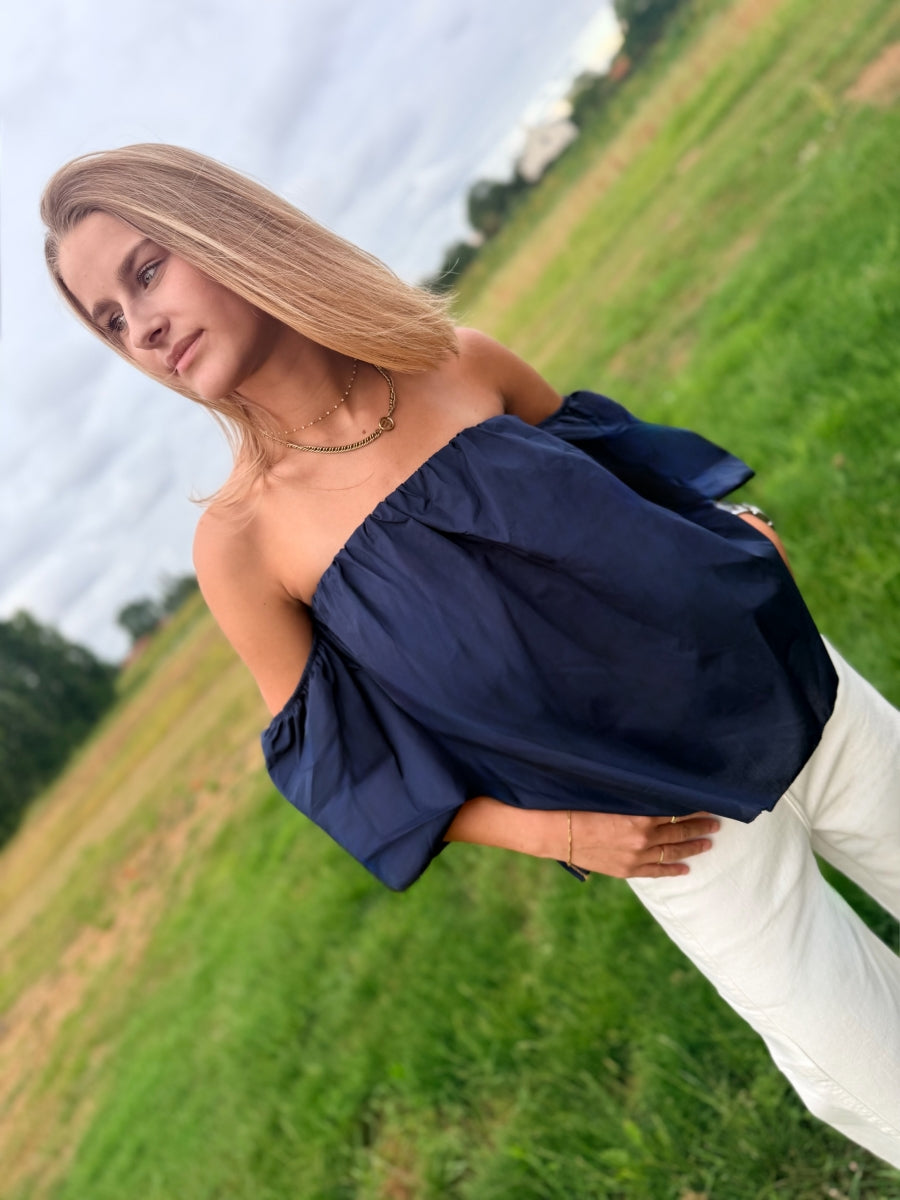 OFF SHOULDER BLOES LEMONIE DONKERBLAUW