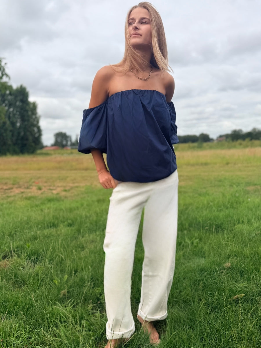 OFF SHOULDER BLOES LEMONIE DONKERBLAUW