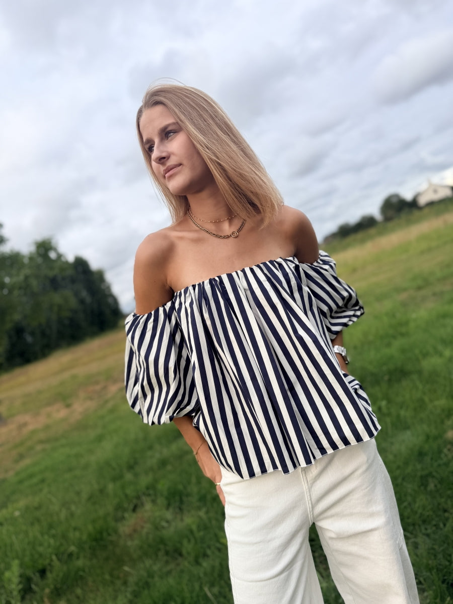 OFF SHOULDER BLOES LEMONIE TU BLAUW WIT GESTREEPT
