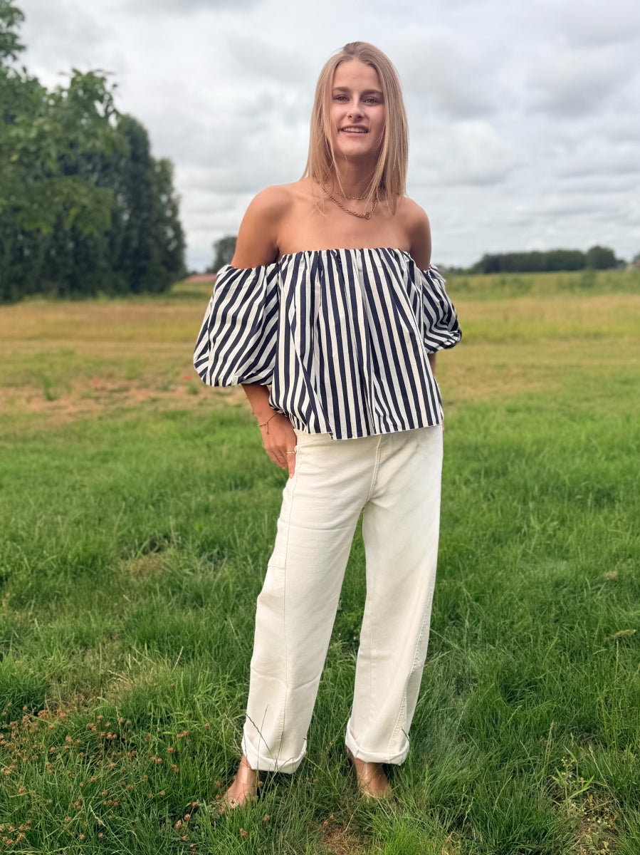 OFF SHOULDER BLOES LEMONIE TU BLAUW WIT GESTREEPT