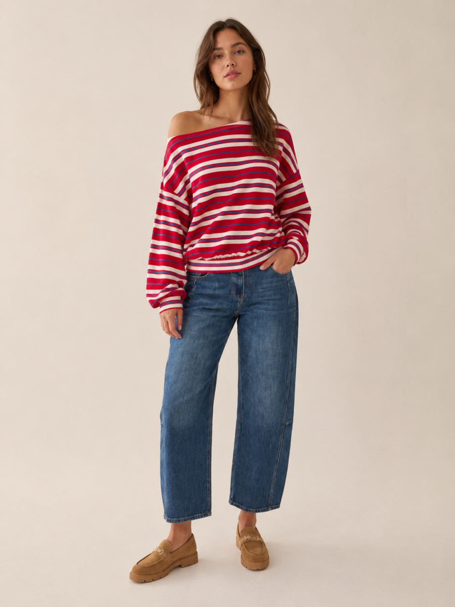OFFSHOULDER STREEPJES TRUI ROOD ALIEN