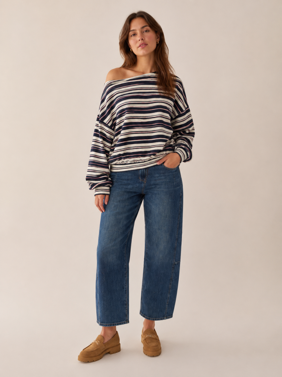 OFF SHOULDER PULL BLAUW GESTREEPT ALIEN