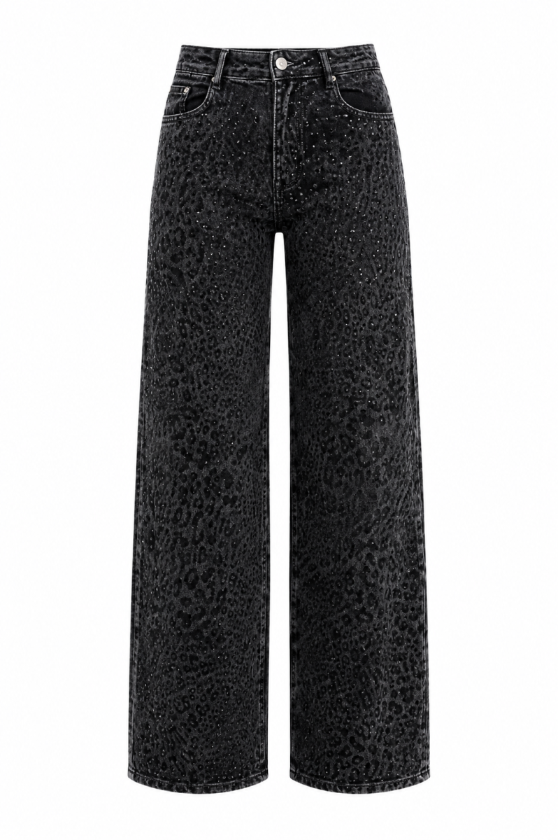 PERLINE DONKERGRIJZE STRAIGHT JEANS LEOPARD