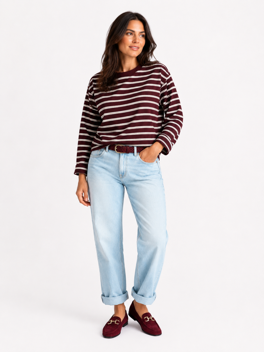 ONELIA T-SHIRT MET LANGE MOUWEN BORDEAUX