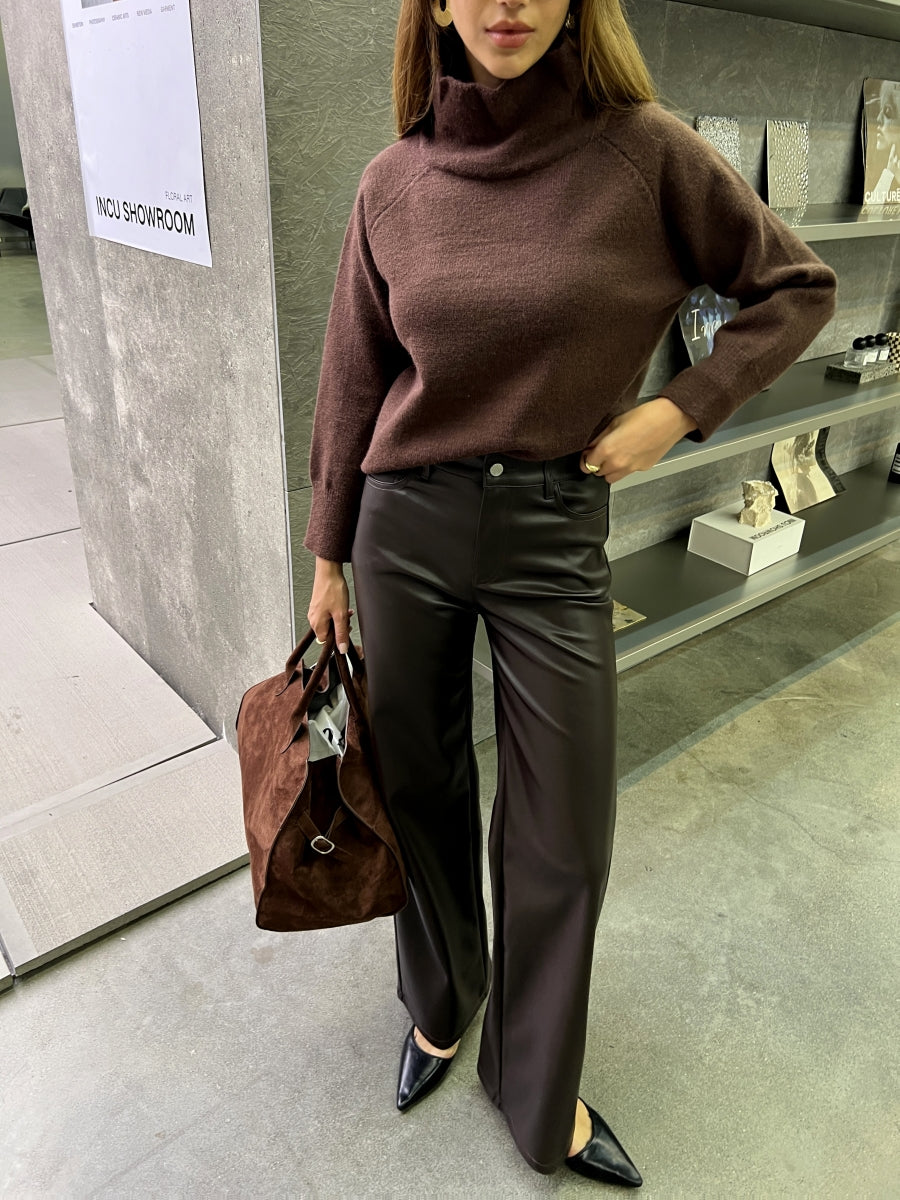KEERE LEATHER LOOK BROEK BRUIN