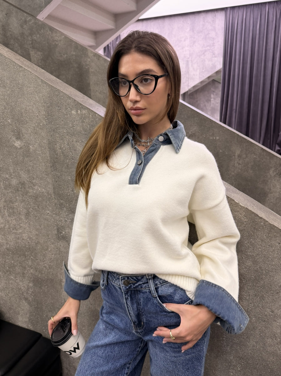 KATERINA PULL MET JEANS KRAAG/MOUWEN CREME