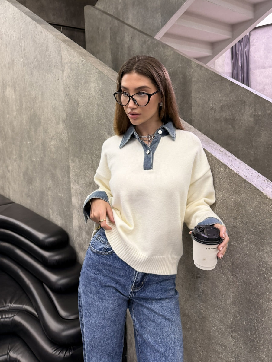 KATERINA PULL MET JEANS KRAAG/MOUWEN CREME