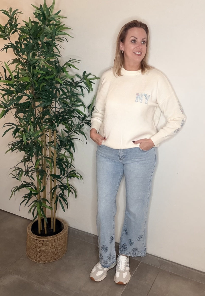 GIO JEANS BROEK MET BLOEMEN BORDUURSEL